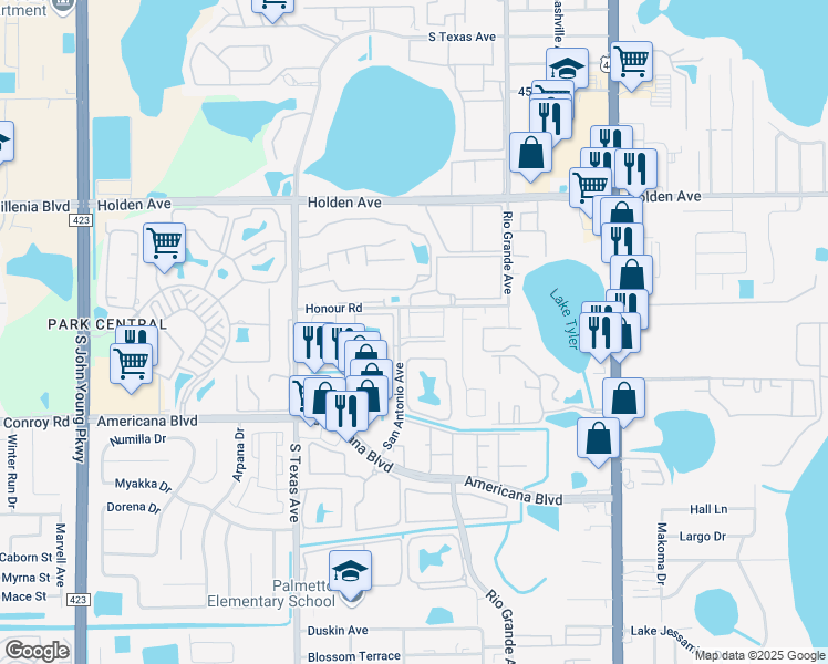 map of restaurants, bars, coffee shops, grocery stores, and more near 101 Lake Atriums Circle in Orlando