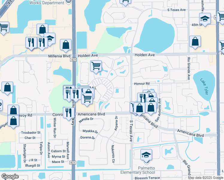 map of restaurants, bars, coffee shops, grocery stores, and more near 2352 Grand Central Parkway in Orlando