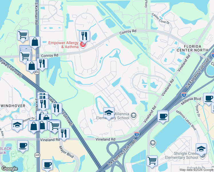 map of restaurants, bars, coffee shops, grocery stores, and more near 4858 Millennia Park Drive in Orlando