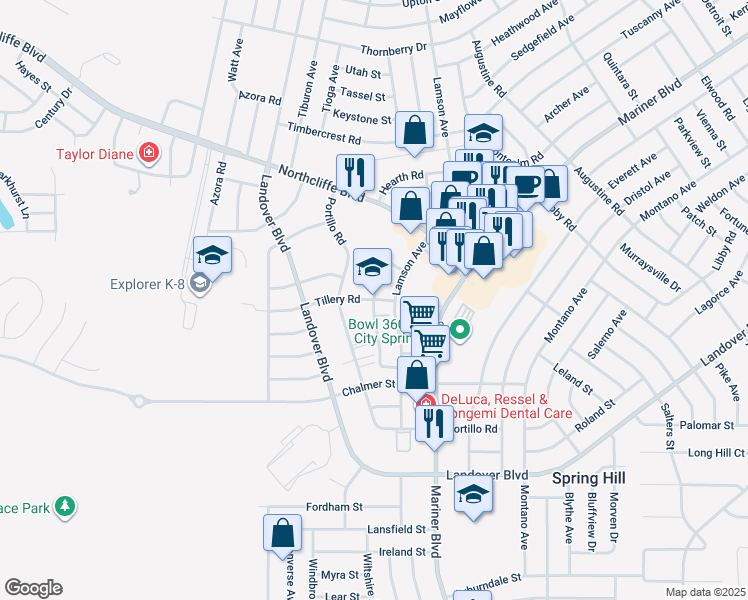 map of restaurants, bars, coffee shops, grocery stores, and more near 10444 Tillery Road in Spring Hill