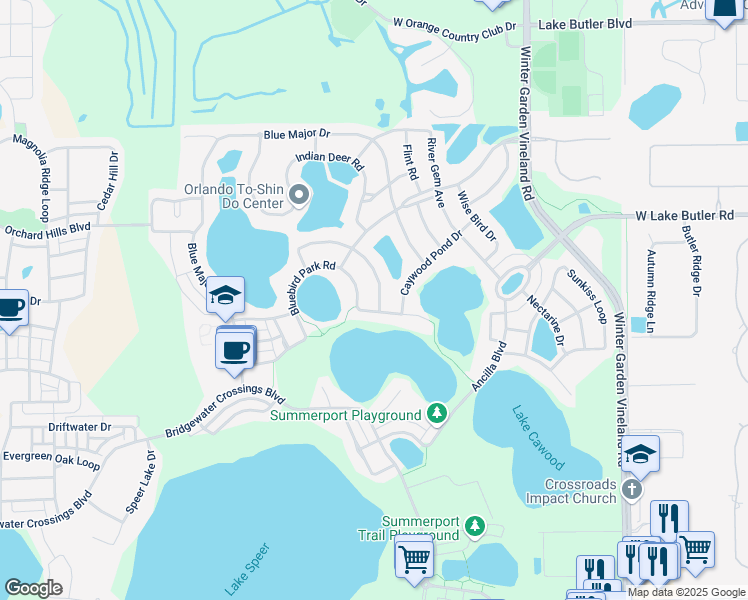 map of restaurants, bars, coffee shops, grocery stores, and more near 14107 Bluebird Park Road in Windermere