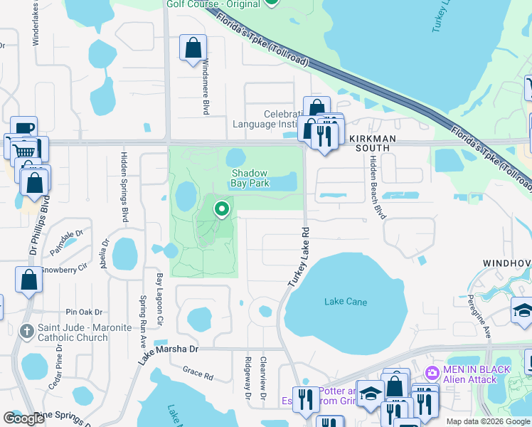 map of restaurants, bars, coffee shops, grocery stores, and more near 7040 Archwood Drive in Orlando