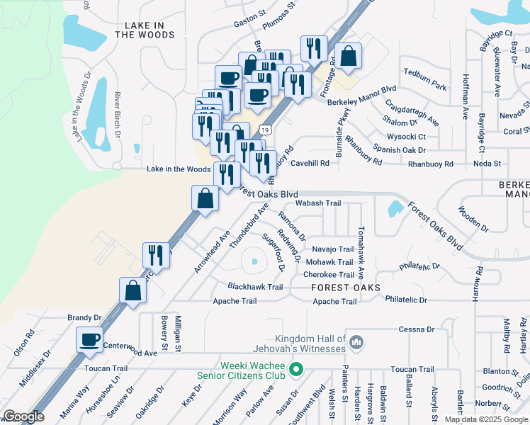 map of restaurants, bars, coffee shops, grocery stores, and more near 4128 Redwing Drive in Spring Hill