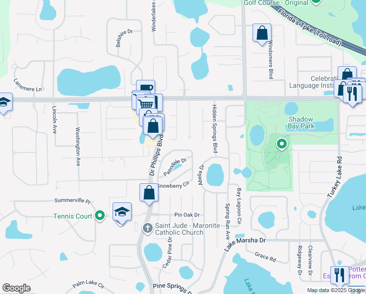 map of restaurants, bars, coffee shops, grocery stores, and more near 7845 Snowberry Circle in Orlando