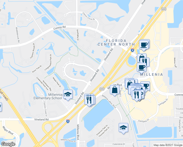 map of restaurants, bars, coffee shops, grocery stores, and more near 4891 Vineland Road in Orlando