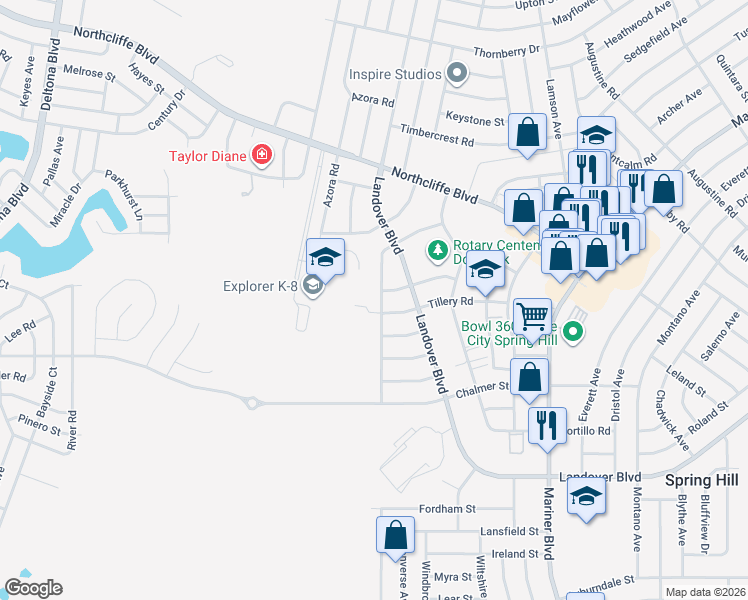 map of restaurants, bars, coffee shops, grocery stores, and more near 4073 Jason Road in Spring Hill
