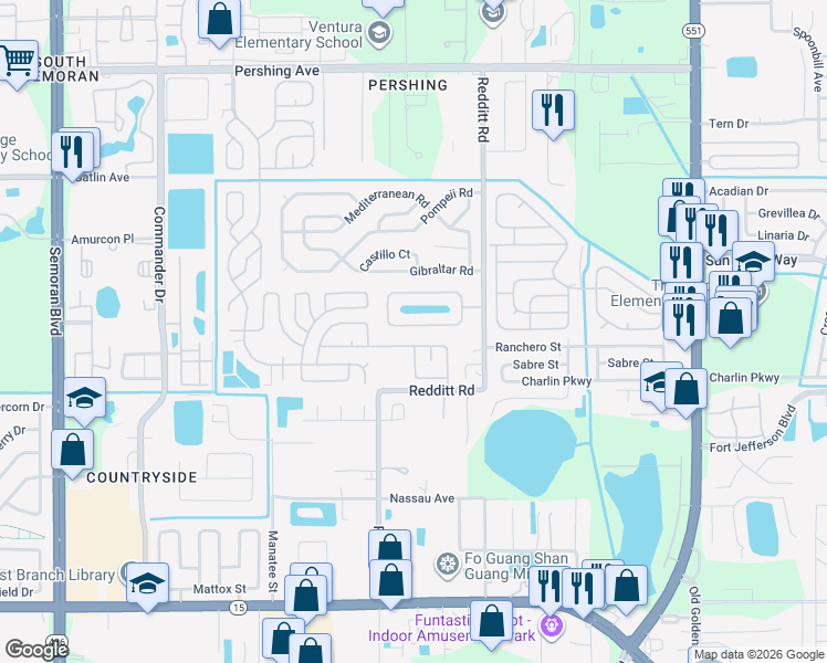 map of restaurants, bars, coffee shops, grocery stores, and more near 6509 Horse Shoe Bend in Orlando