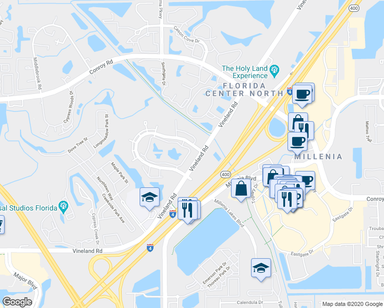 map of restaurants, bars, coffee shops, grocery stores, and more near 4891 Vineland Road in Orlando