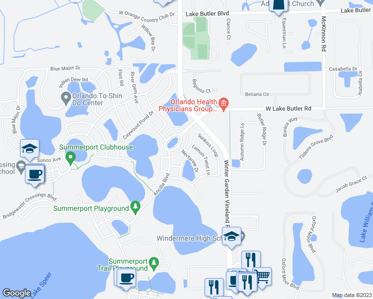 map of restaurants, bars, coffee shops, grocery stores, and more near 13112 Sunkiss Loop in Windermere