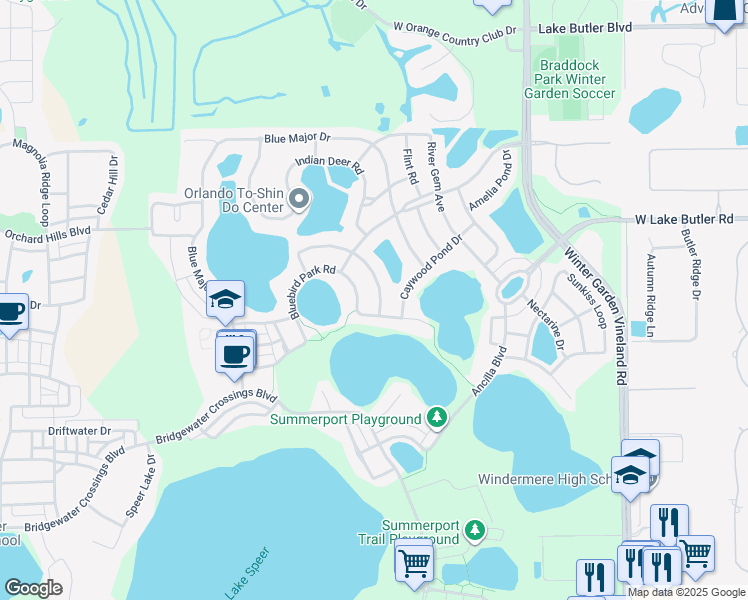 map of restaurants, bars, coffee shops, grocery stores, and more near 14107 Bluebird Park Road in Windermere