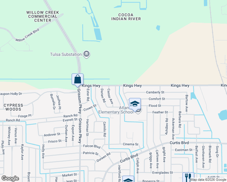 map of restaurants, bars, coffee shops, grocery stores, and more near 7458 Carillon Avenue in Cocoa
