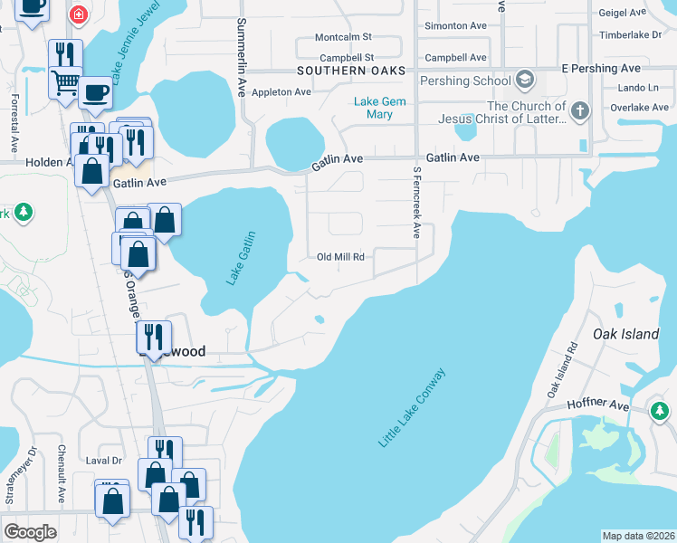 map of restaurants, bars, coffee shops, grocery stores, and more near 1547 Waterwitch Drive in Orlando