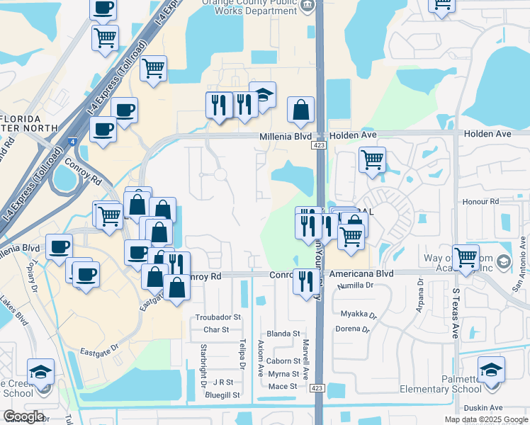 map of restaurants, bars, coffee shops, grocery stores, and more near 3605 Conroy Road in Orlando