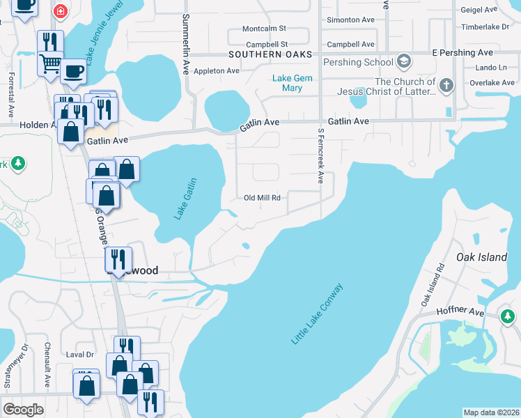 map of restaurants, bars, coffee shops, grocery stores, and more near 1547 Waterwitch Drive in Orlando