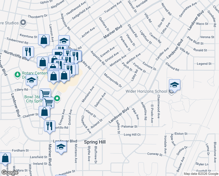 map of restaurants, bars, coffee shops, grocery stores, and more near 11311 Pickford Street in Spring Hill
