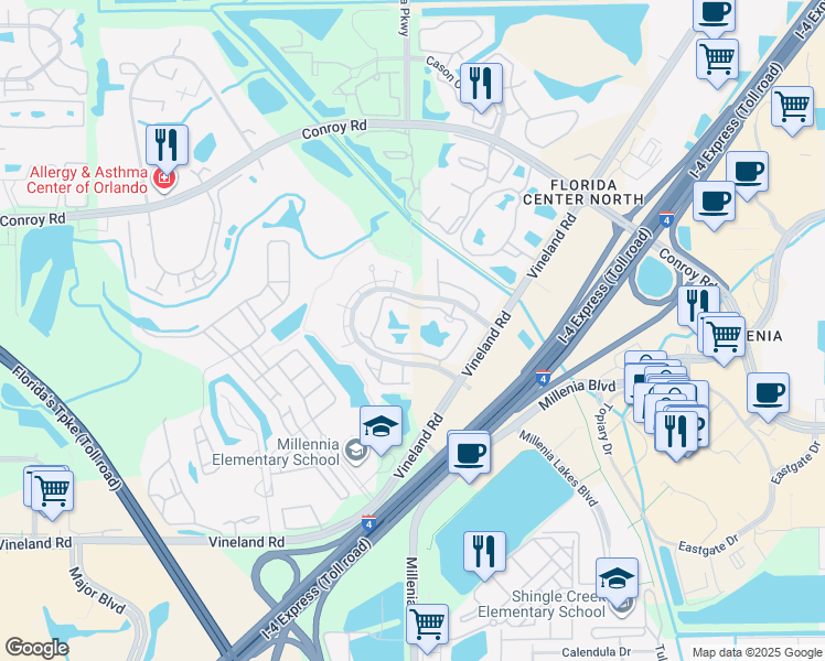map of restaurants, bars, coffee shops, grocery stores, and more near 4700 Walden Circle in Orlando