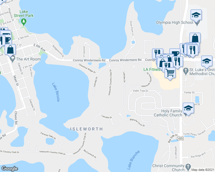 map of restaurants, bars, coffee shops, grocery stores, and more near 5062 Isleworth Country Club Drive in Windermere
