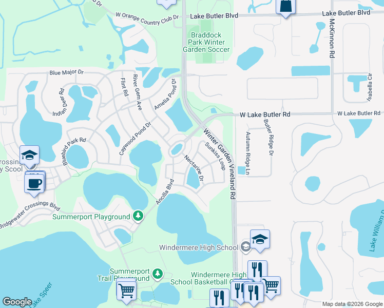 map of restaurants, bars, coffee shops, grocery stores, and more near 13086 Sunkiss Loop in Windermere