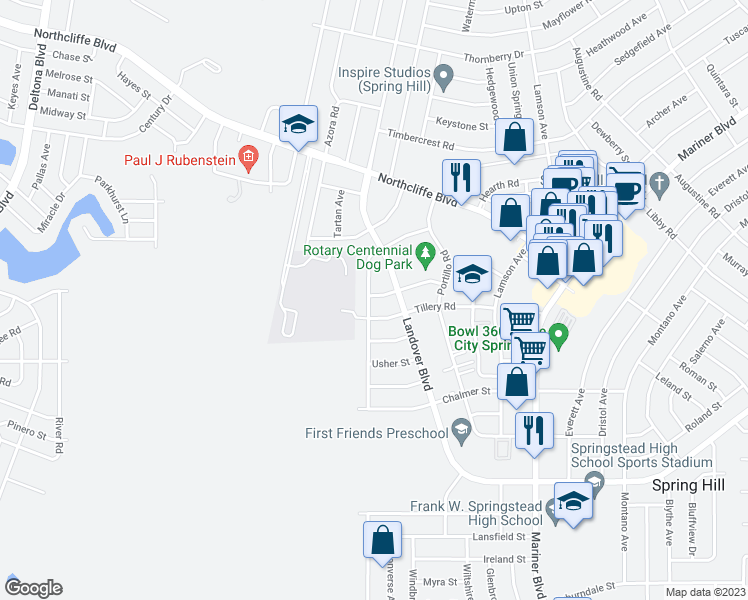map of restaurants, bars, coffee shops, grocery stores, and more near 4098 Jason Road in Spring Hill