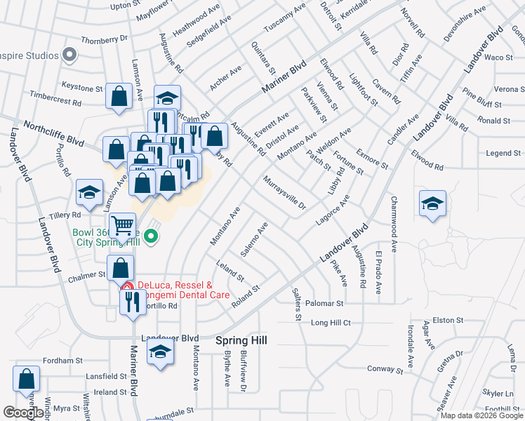 map of restaurants, bars, coffee shops, grocery stores, and more near 11267 Pickford Street in Spring Hill