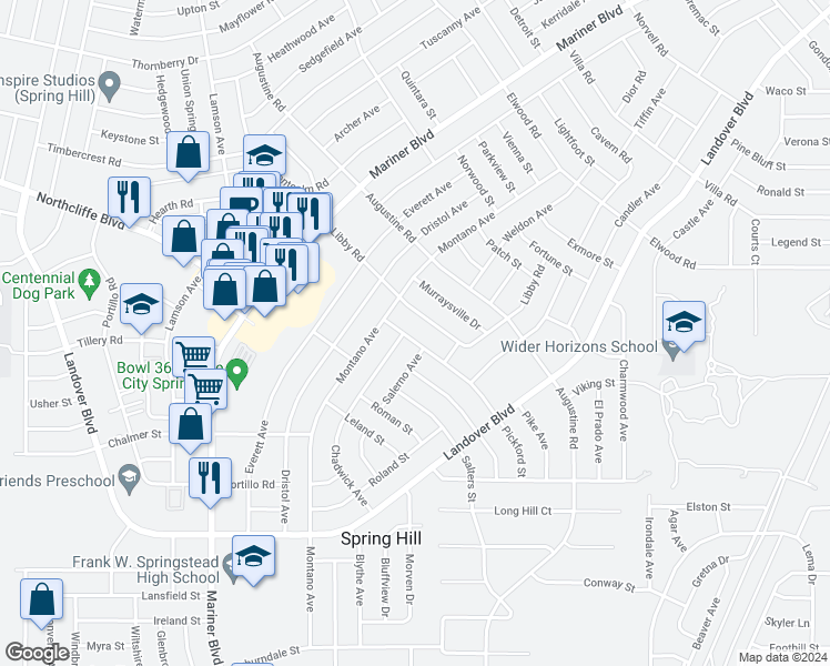 map of restaurants, bars, coffee shops, grocery stores, and more near 11267 Pickford Street in Spring Hill