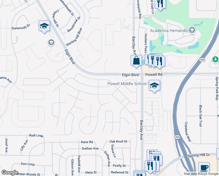 map of restaurants, bars, coffee shops, grocery stores, and more near 14150 Newcastle Avenue in Spring Hill