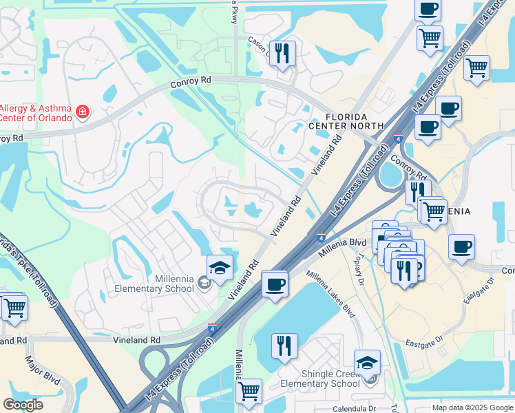 map of restaurants, bars, coffee shops, grocery stores, and more near 4700 Walden Circle in Orlando