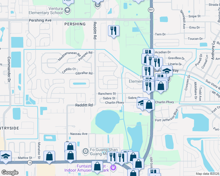 map of restaurants, bars, coffee shops, grocery stores, and more near 7501 Ranchero Street in Orlando