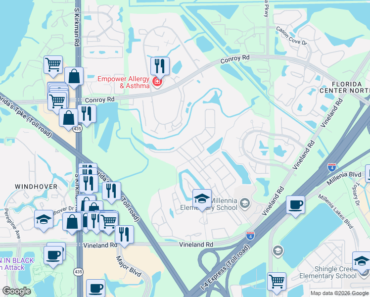 map of restaurants, bars, coffee shops, grocery stores, and more near 4756 Creekside Park Avenue in Orlando