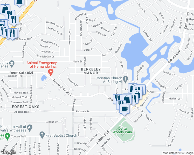 map of restaurants, bars, coffee shops, grocery stores, and more near 8373 Camphor Drive in Brooksville