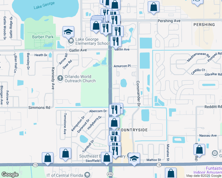 map of restaurants, bars, coffee shops, grocery stores, and more near S Semoran Blvd & St Charles Prado in Orlando