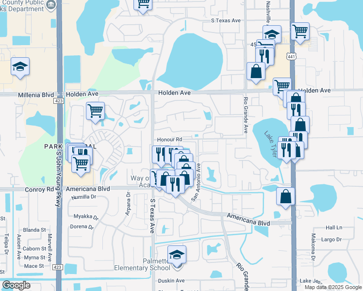 map of restaurants, bars, coffee shops, grocery stores, and more near 1940 Lake Atriums Circle in Orlando