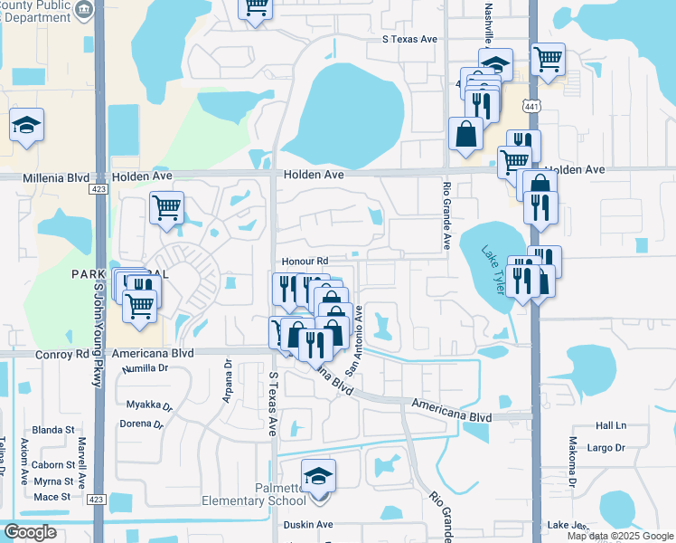 map of restaurants, bars, coffee shops, grocery stores, and more near 2077 Honour Road in Orlando