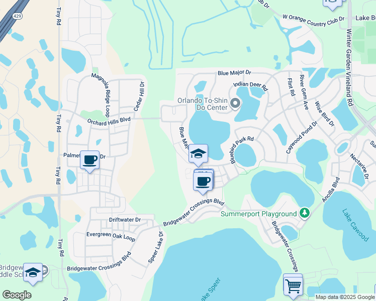 map of restaurants, bars, coffee shops, grocery stores, and more near 4161 Blue Major Drive in Windermere