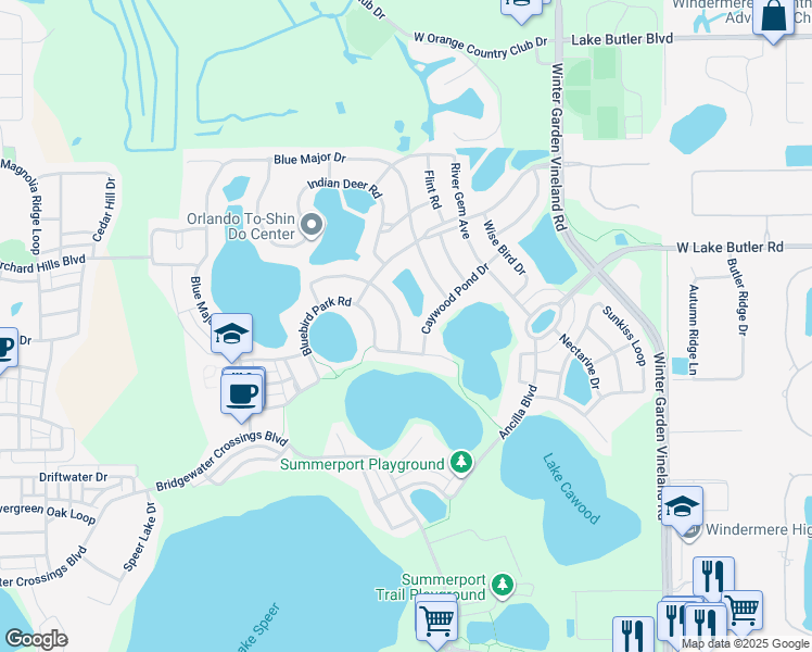 map of restaurants, bars, coffee shops, grocery stores, and more near 5233 Beach River Road in Windermere