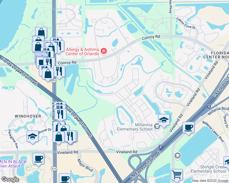 map of restaurants, bars, coffee shops, grocery stores, and more near 5249 Dove Tree Street in Orlando