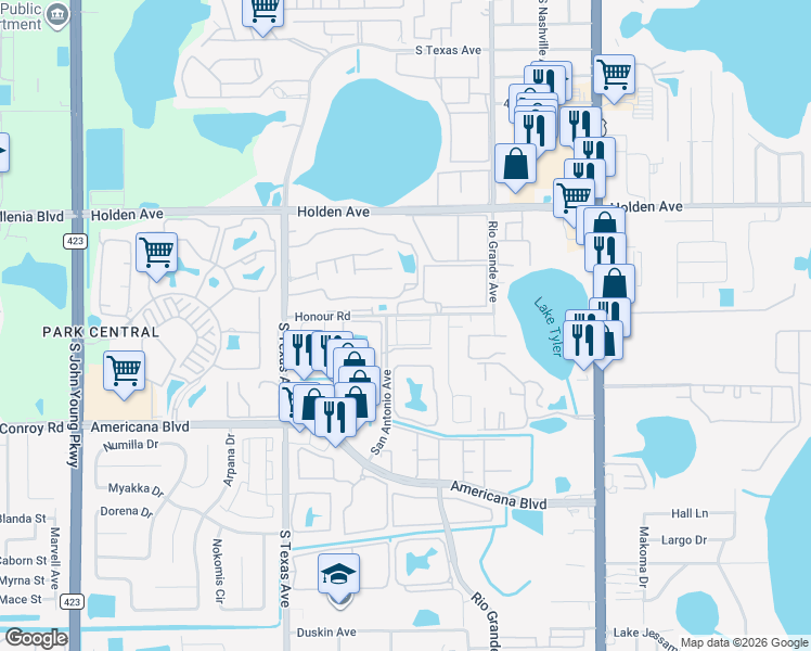 map of restaurants, bars, coffee shops, grocery stores, and more near 1813 Grande Pointe Boulevard in Orlando