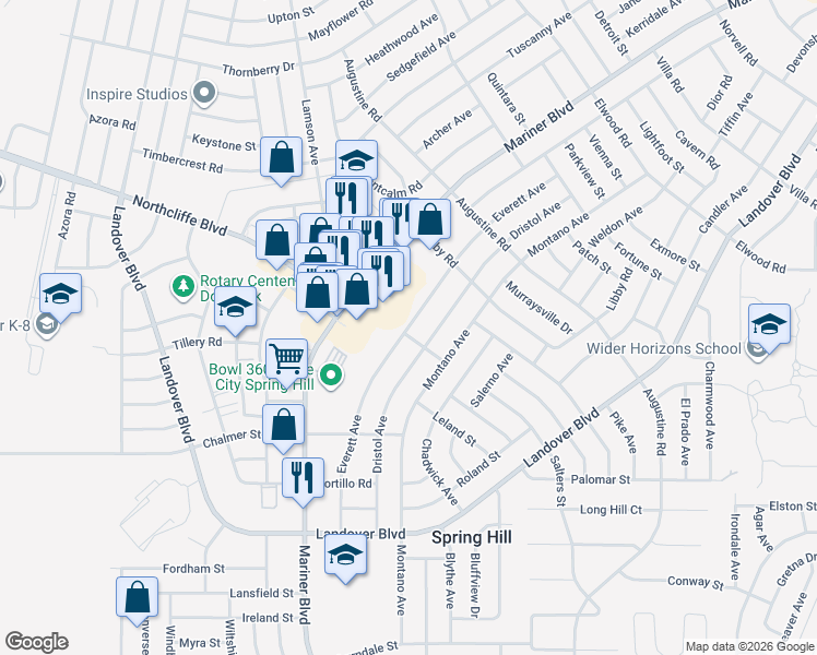 map of restaurants, bars, coffee shops, grocery stores, and more near Everett Avenue in Spring Hill