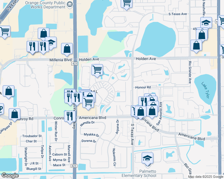 map of restaurants, bars, coffee shops, grocery stores, and more near in Orlando