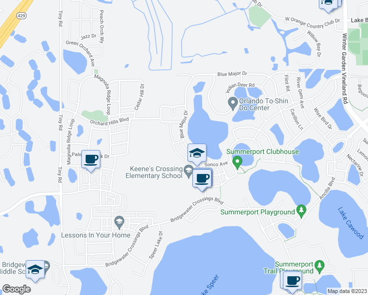 map of restaurants, bars, coffee shops, grocery stores, and more near 4211 Blue Major Drive in Windermere