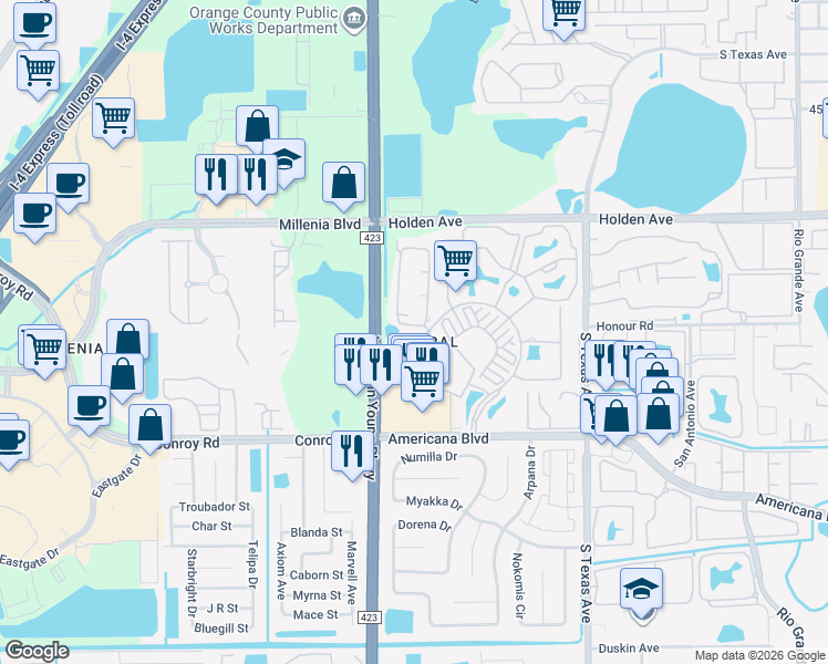 map of restaurants, bars, coffee shops, grocery stores, and more near 5001 Wellington Park Circle in Orlando