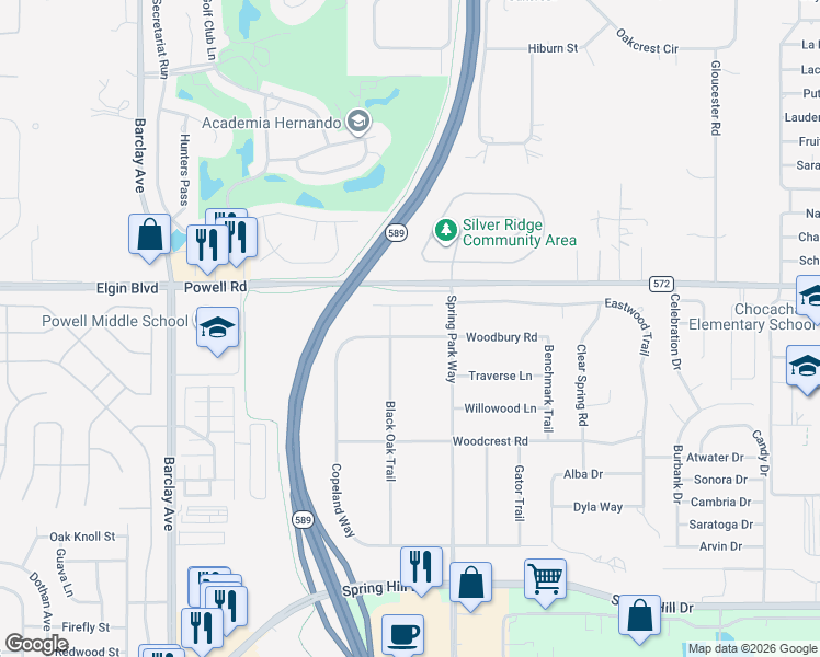 map of restaurants, bars, coffee shops, grocery stores, and more near 15084 Burgess Court in Brooksville
