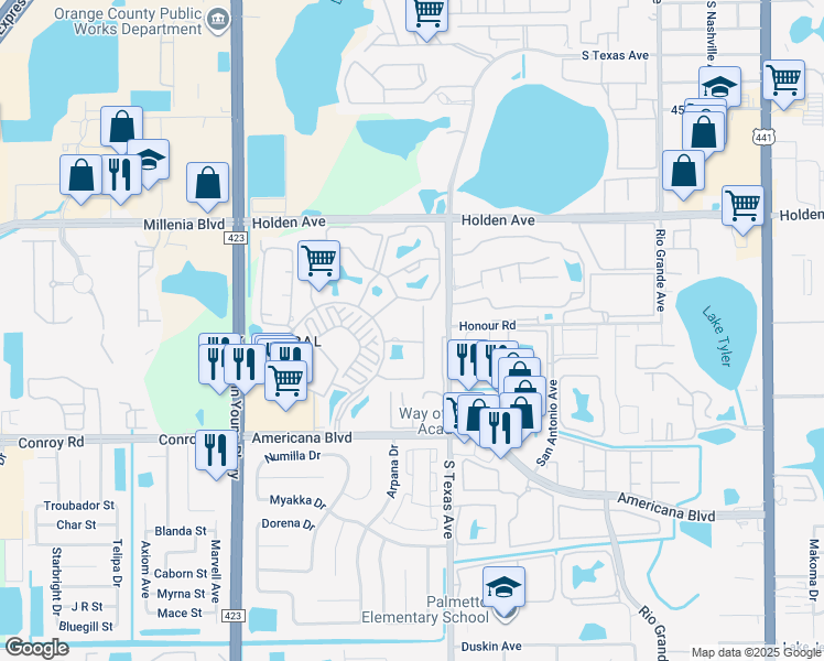 map of restaurants, bars, coffee shops, grocery stores, and more near 5022 Savannah River Way in Orlando