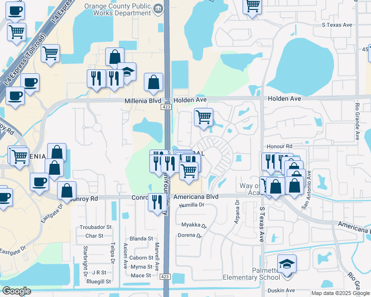 map of restaurants, bars, coffee shops, grocery stores, and more near 5001 Wellington Park Circle in Orlando