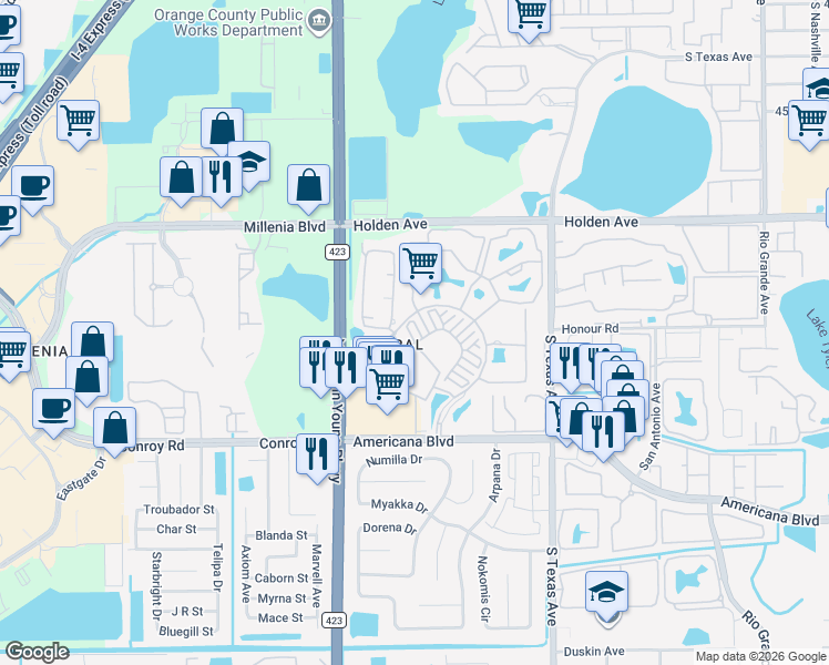 map of restaurants, bars, coffee shops, grocery stores, and more near 2532 Grand Central Parkway in Orlando