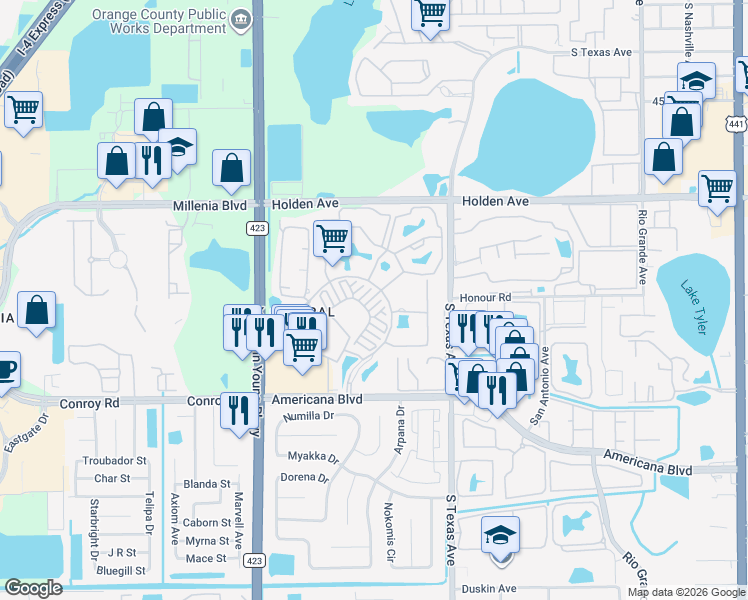 map of restaurants, bars, coffee shops, grocery stores, and more near in Orlando