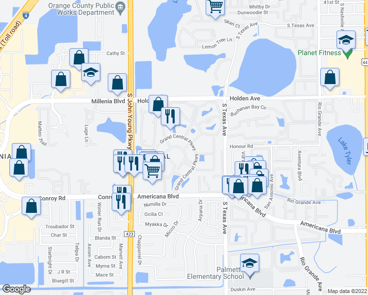map of restaurants, bars, coffee shops, grocery stores, and more near in Orlando