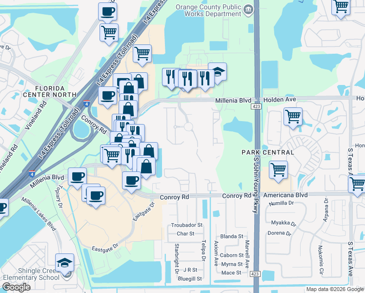 map of restaurants, bars, coffee shops, grocery stores, and more near 5005 Matteo Trail in Orlando