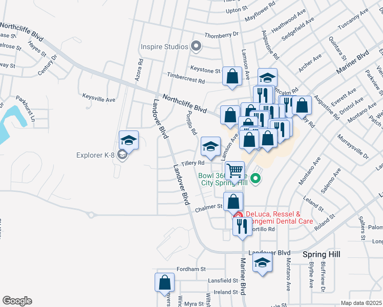 map of restaurants, bars, coffee shops, grocery stores, and more near 10370-10372 Sandlor St in Spring Hill