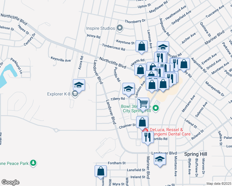 map of restaurants, bars, coffee shops, grocery stores, and more near 10370-10372 Sandlor St in Spring Hill